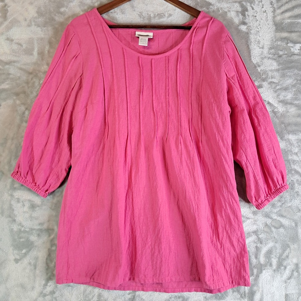 Soft Surroundings Womens M Pink Pintuck Tunic Top Peasant 3/4 Sleeve Blouse Med